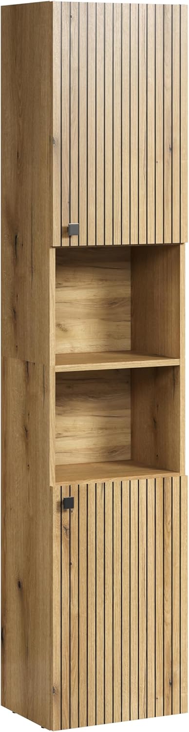 trendteam PureBliss armoire haute salle de bain chêne Evoke - 40 x 31 x 186 cm avec rainures noires - bois d ingénierie métal - style moderne montage au sol-Nestuphut
