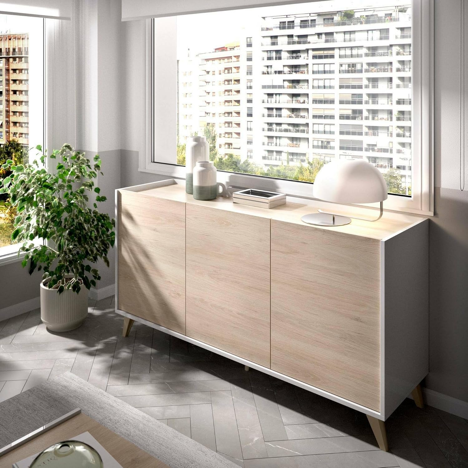 Buffet salon Dmora moderne 155 cm 3 portes chene blanc meuble rangement contemporain salle de sejour-Nestuphut