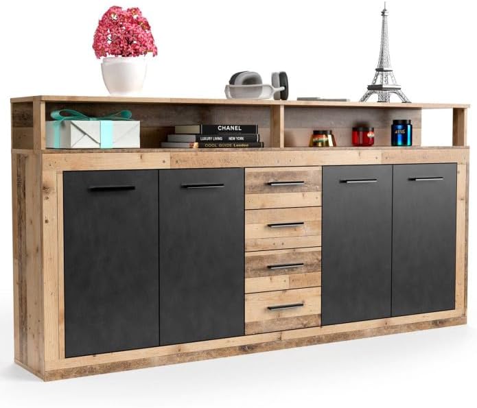 Paris Prix Luna buffet beige naturel et gris - 190 x 32 x 95 cm avec 4 portes et 4 tiroirs - bois d ingénierie mélaminé - rangement vaisselle style contemporain-Nestuphut