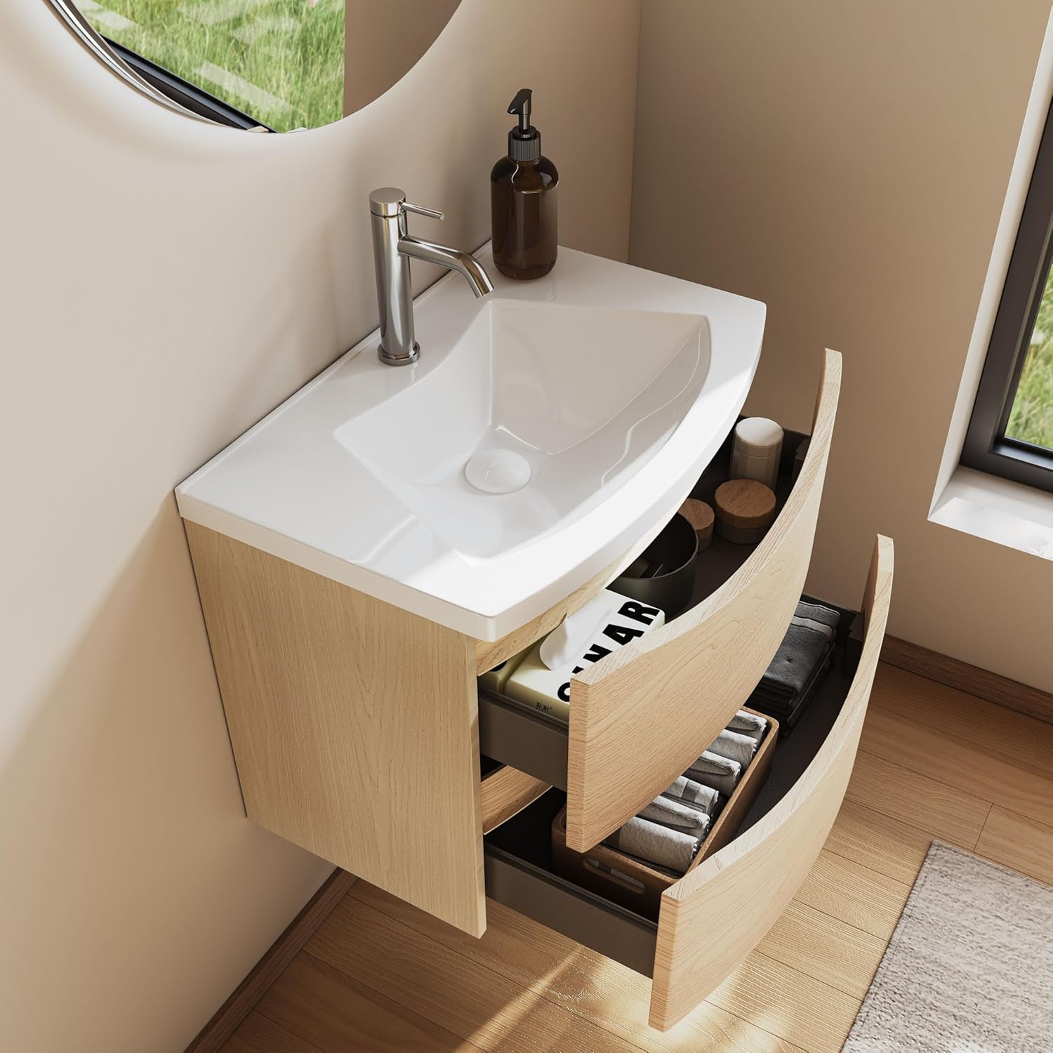 BRIDGE BENO meuble salle de bain Golden Sand - 60 cm avec vasque en fonte minérale - 2 tiroirs fermeture amortie - gain de place pour WC invités style moderne-Nestuphut