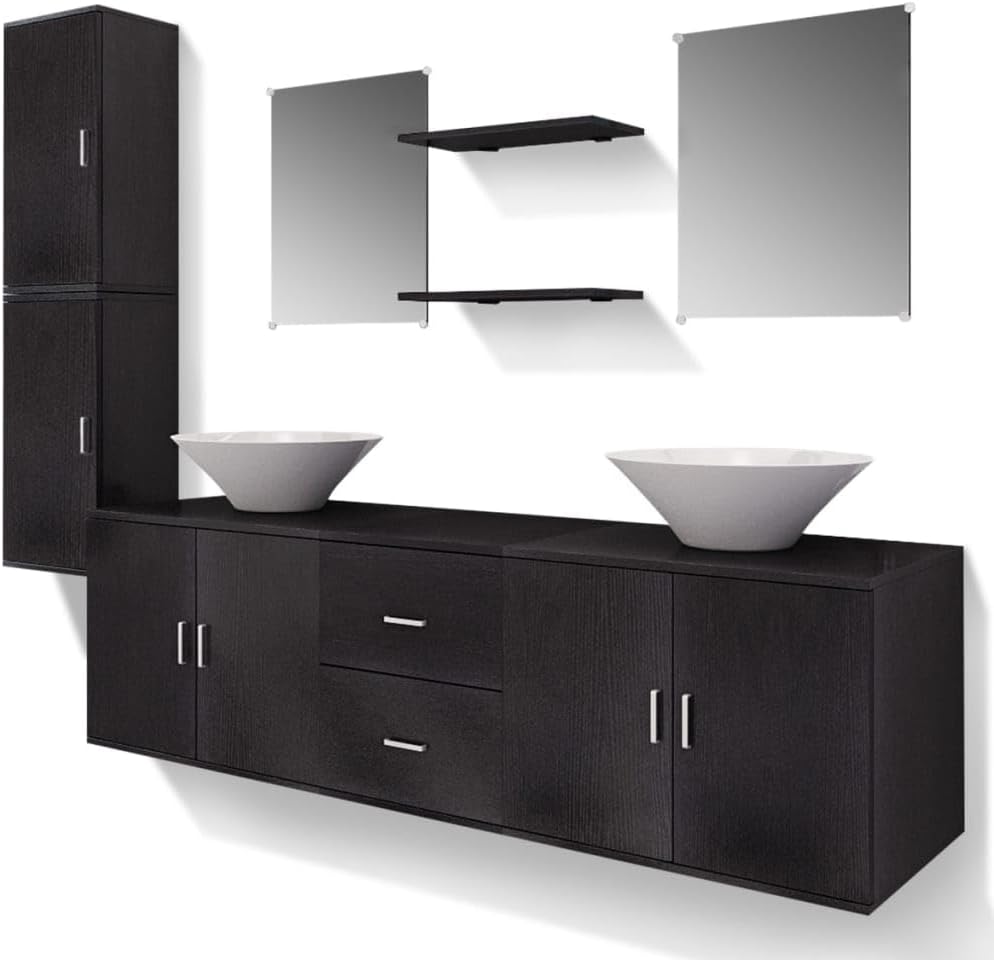 vidaXL ensemble mobilier salle de bain noir - 9 pièces avec lavabo vasque - modèle 3 style moderne - poids 79,33 kg pour aménagement complet-Nestuphut
