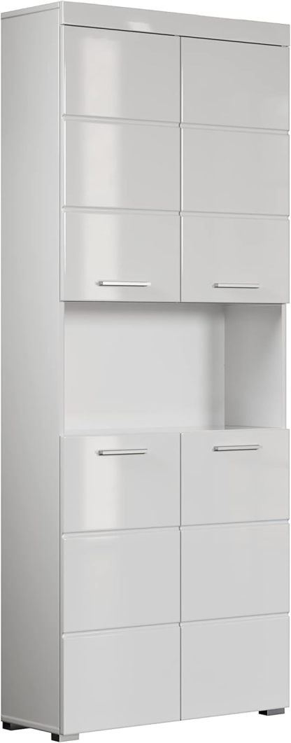 Trendteam Amanda meuble haut salle de bain blanc brillant - 73 x 31 x 190 cm large rangement - compartiment ouvert certifié FSC - montage au sol et mural porte panneau plat-Nestuphut