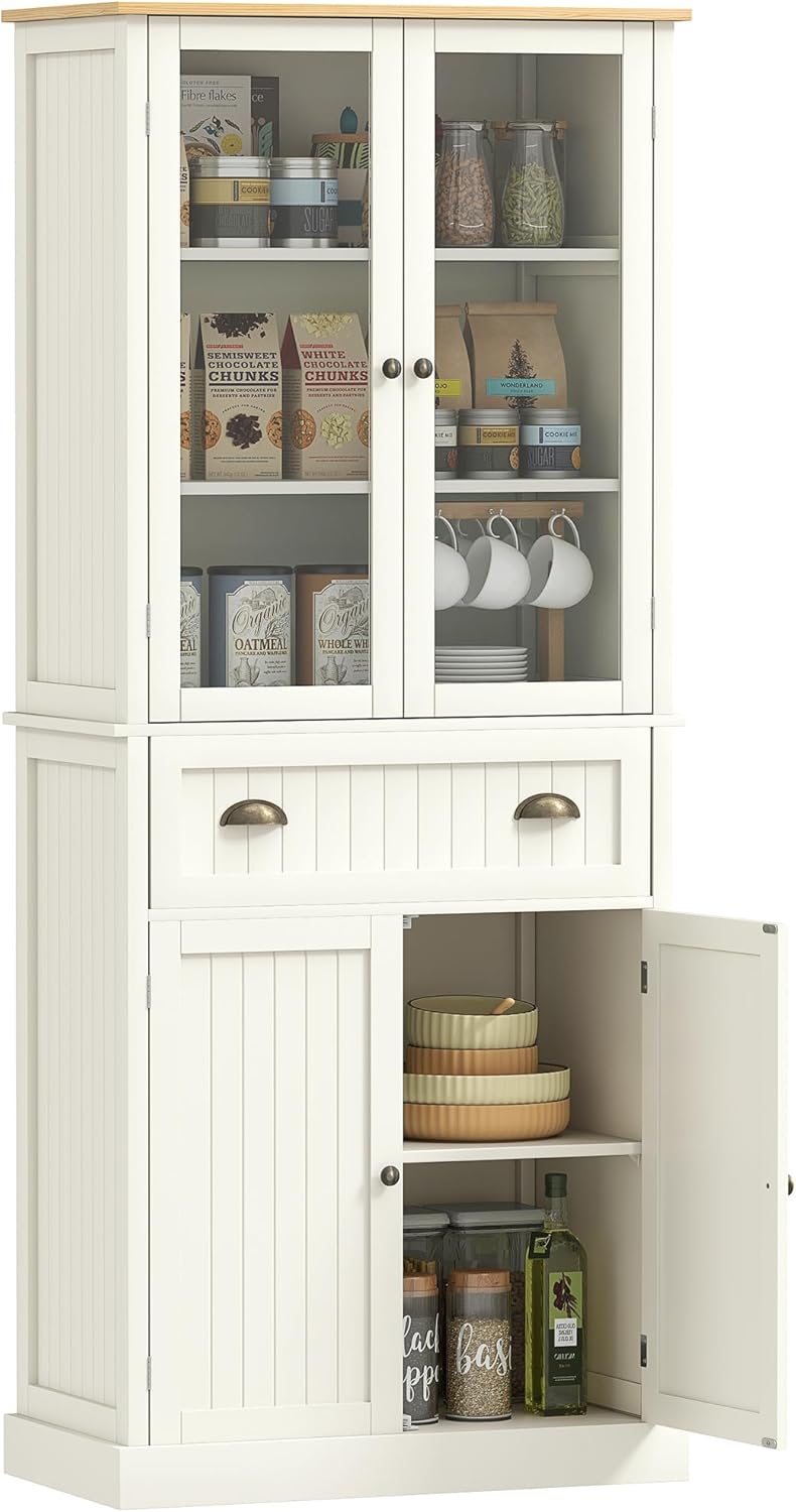 HOMCOM buffet cuisine beige - 76 x 40 x 182,5 cm avec 4 portes dont 2 vitrées - 1 tiroir étagères réglables - armoire rangement vaisselle style contemporain-Nestuphut