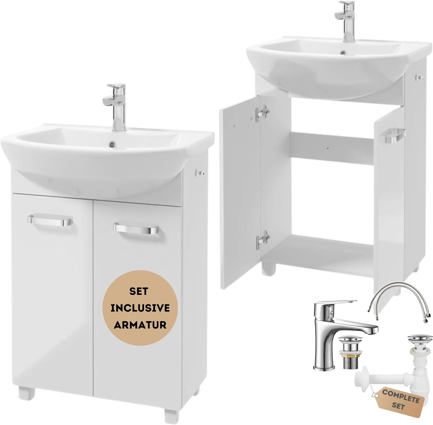 Deftrans meuble salle de bain blanc brillant - 60 x 40 x 85 cm avec lavabo et robinetterie - panneau stratifié montage au sol - mitigeur prise à clic porte shaker-Nestuphut