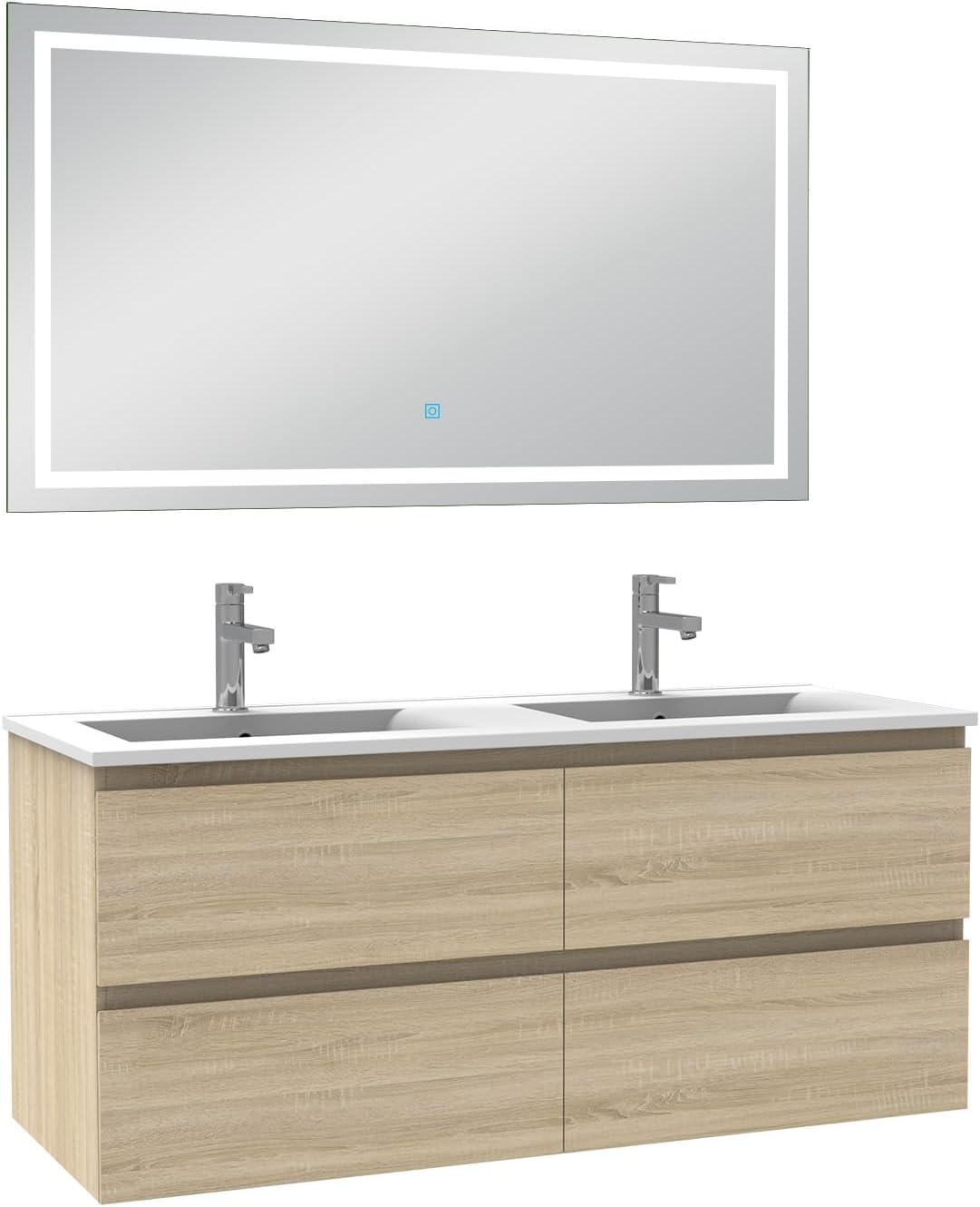 AICA ensemble meuble salle de bain chêne Wotan - 120 cm double vasque rectangulaire - miroir lumineux 3 couleurs dimmable - assemblage requis style moderne-Nestuphut