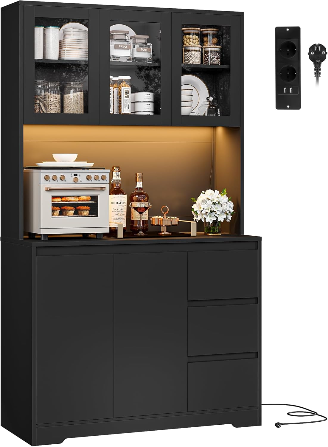 Buffet cuisine FirFurd 180 cm meuble rangement LED multiprises 5 portes 3 tiroirs noir contemporain vaisselier-Nestuphut