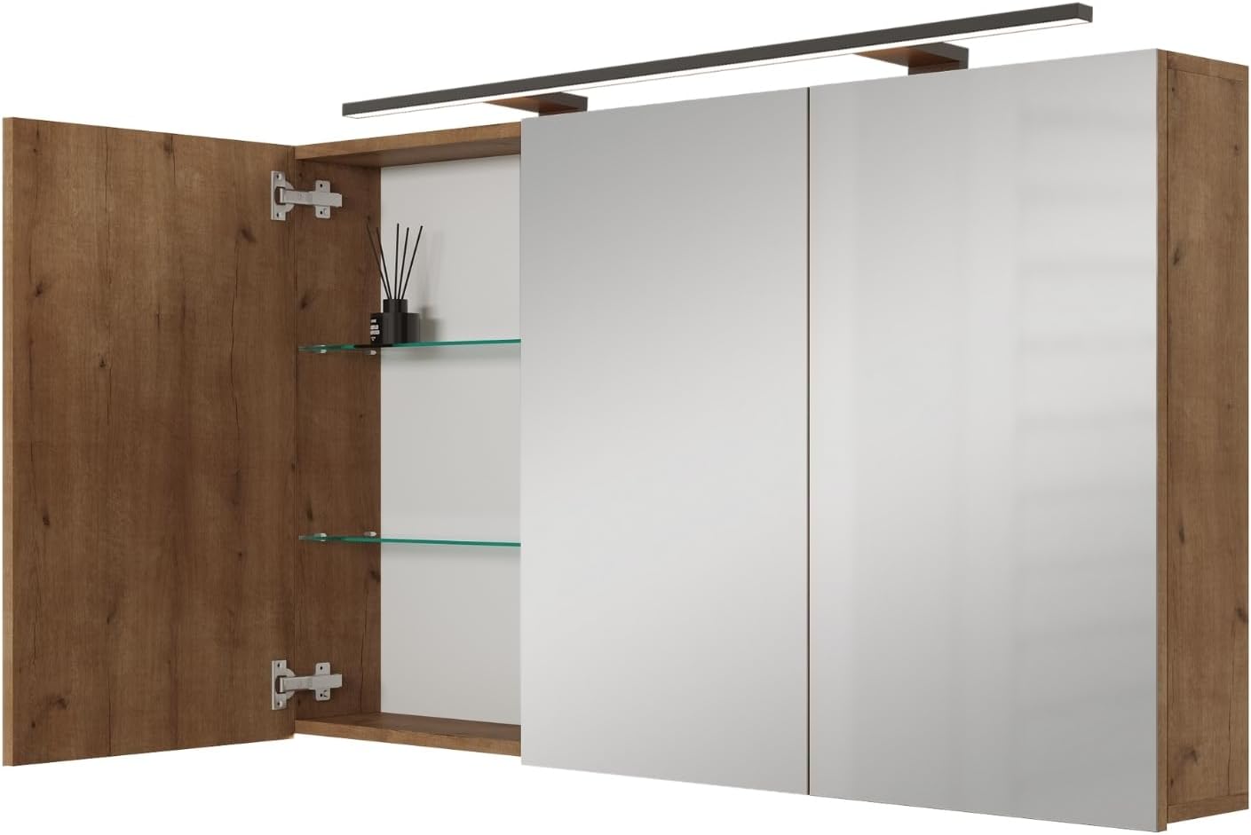 Planetmöbel Aria armoire toilette miroir chêne doré - 120 x 16 x 70 cm montage mural - éclairage LED prise électrique - étagère réglable salle de bain WC invités-Nestuphut