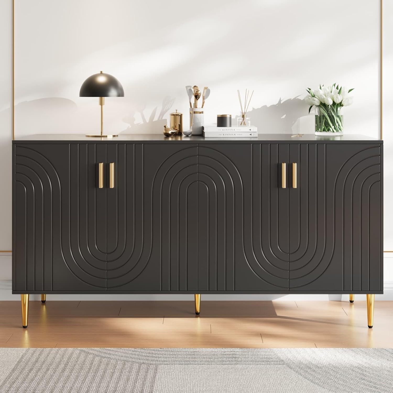 KOMHTOM buffet moderne noir - 152 x 40 x 75 cm avec 4 portes - poignées et pieds dorés structure ondulée - bois d ingénierie anti basculement-Nestuphut