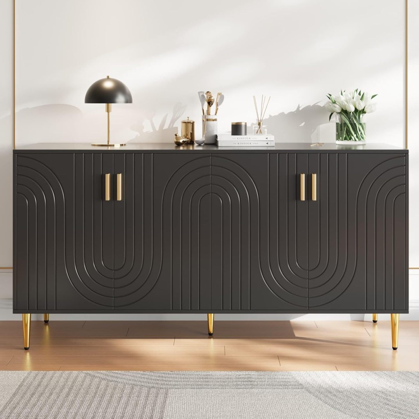 KOMHTOM buffet moderne noir - 152 x 40 x 75 cm avec 4 portes - poignées et pieds dorés structure ondulée - bois d ingénierie anti basculement-Nestuphut