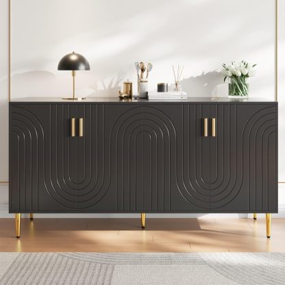 KOMHTOM buffet moderne noir - 152 x 40 x 75 cm avec 4 portes - poignées et pieds dorés structure ondulée - bois d ingénierie anti basculement-Nestuphut