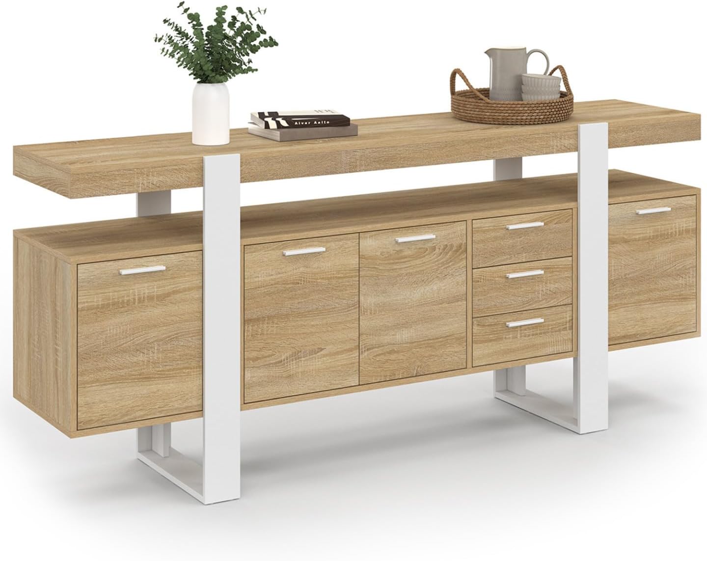Buffet industriel IDMarket Phoenix 180 cm 4 portes 3 tiroirs bois effet vieilli blanc rangement grande capacite-Nestuphut