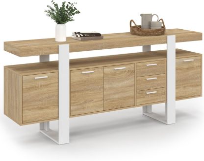 Buffet industriel IDMarket Phoenix 180 cm 4 portes 3 tiroirs bois effet vieilli blanc rangement grande capacite-Nestuphut