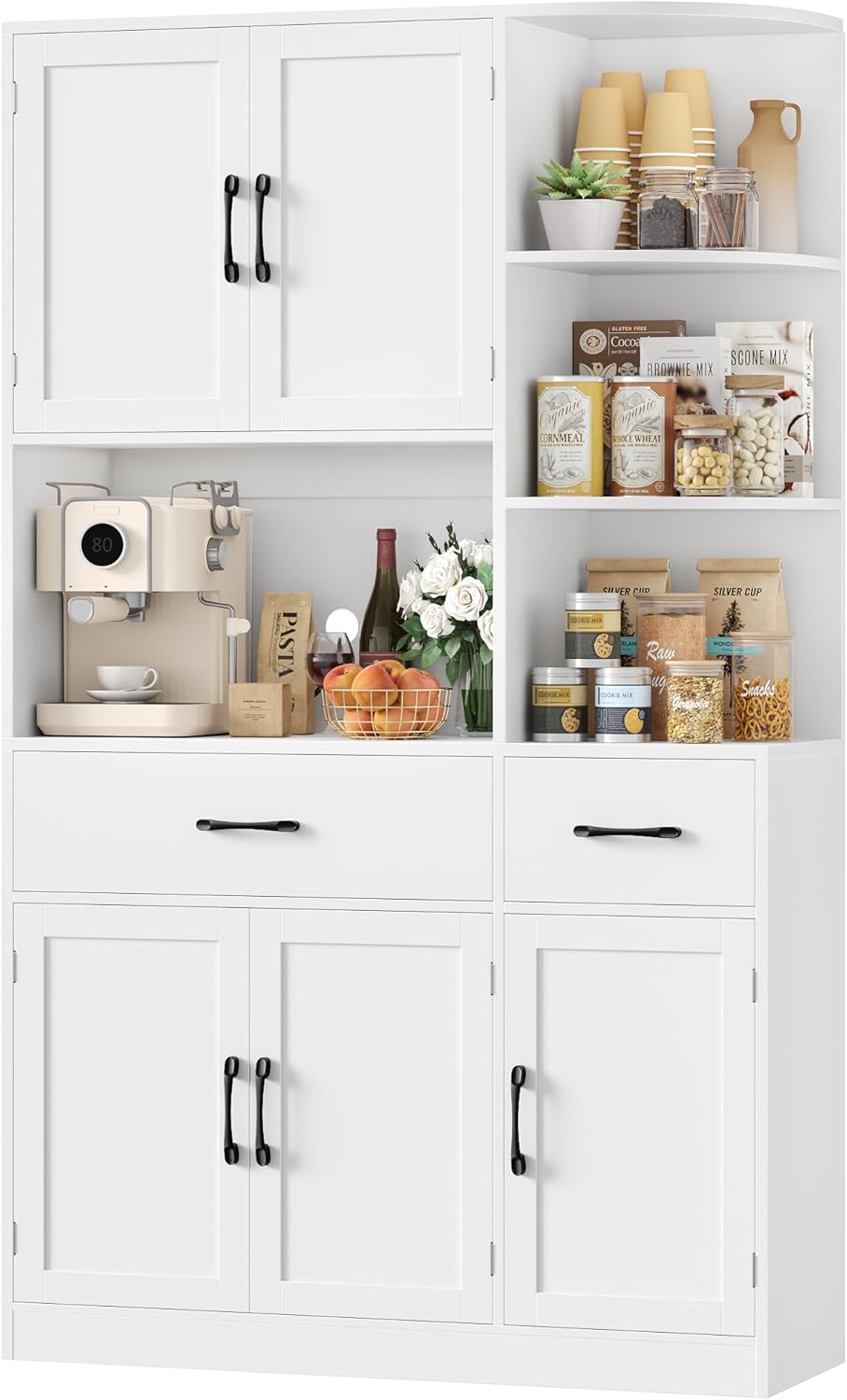 Buffet cuisine HOCSOK 177 cm armoire haute multifonction 5 portes 2 tiroirs niche micro ondes rangement salon salle a manger-Nestuphut