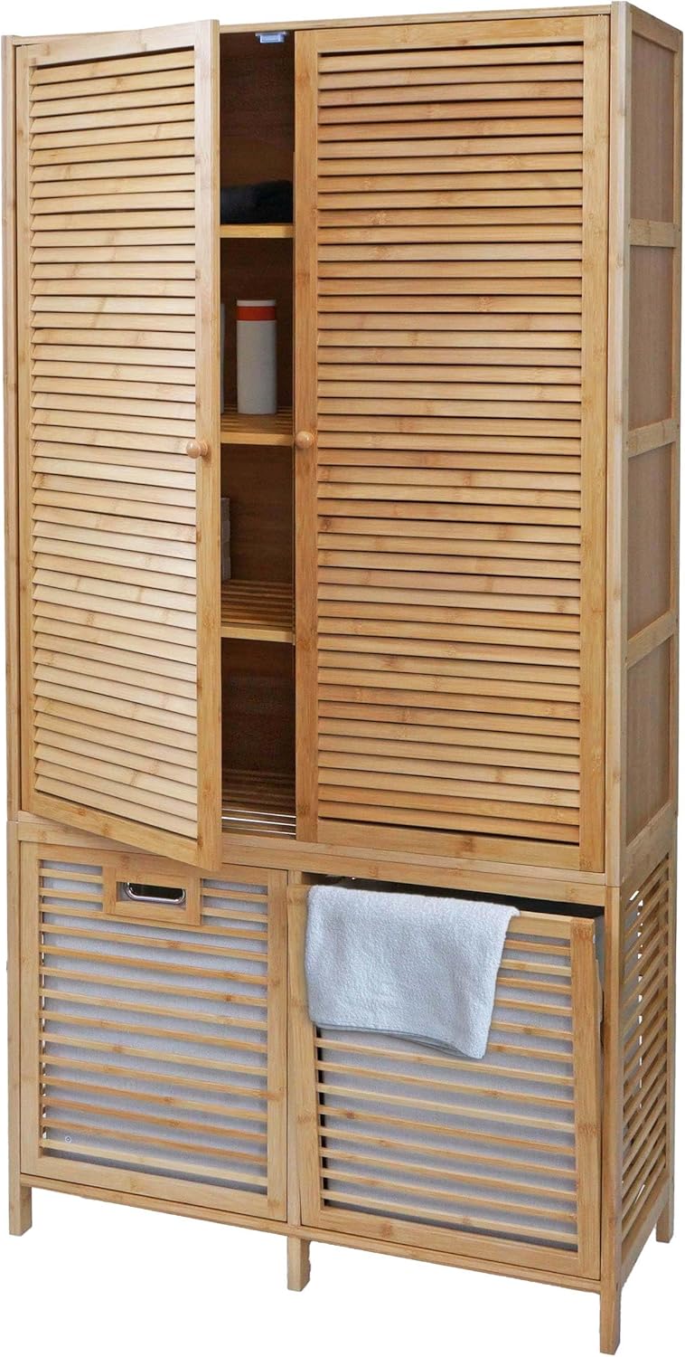 Mendler HWC N83 armoire salle de bain marron clair - 82 x 34 x 168 cm bambou textile polyester - montage au sol - porte obturateur style rustique-Nestuphut