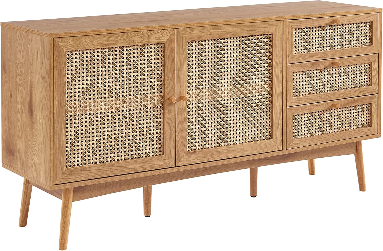 Buffet salon BAITA INES 150 cm chene et cannage rotin meuble TV rangement retro moderne-Nestuphut