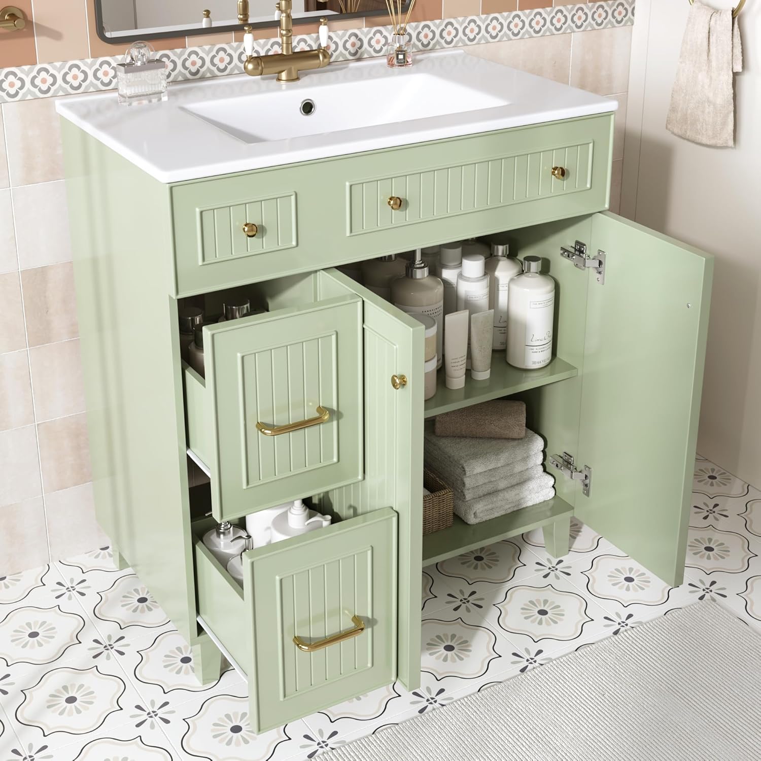 Merax meuble salle de bain vert avec lavabo - 81,7 x 46,8 x 90 cm sur pied - lavabo céramique et rangement multifonction - bois d ingénierie montage au sol-Nestuphut