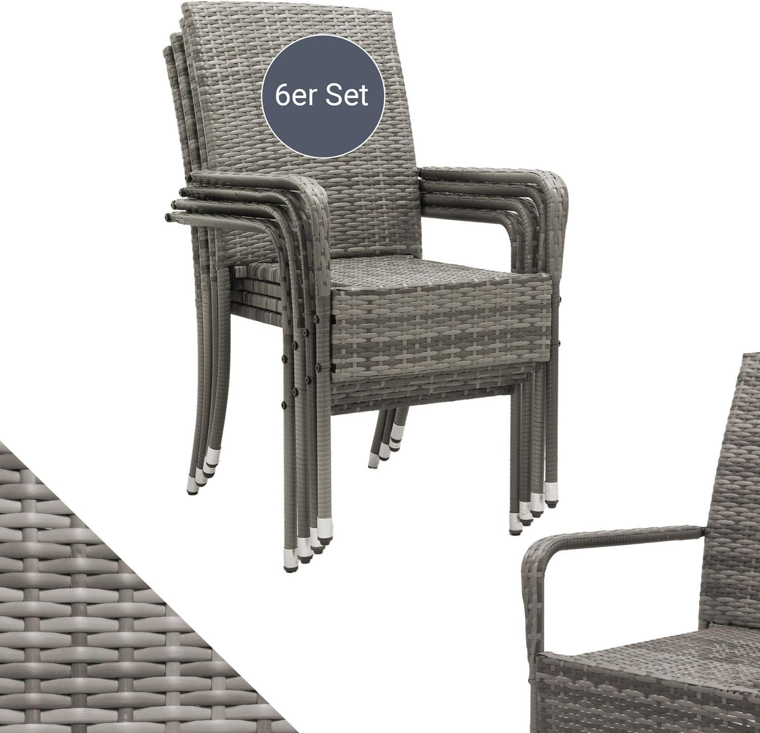 Juskys Yoro lot de 6 chaises jardin gris chiné - 60 x 56 x 90 cm rotin avec accoudoirs - cadre acier empilable compact - balcon terrasse extérieur-Nestuphut