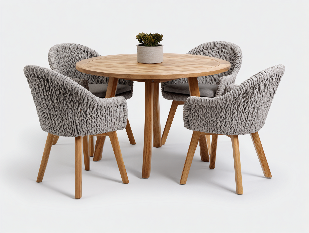 Garten Essgarnituren-Holz-Seilgeflecht-Stoff-118 x 118 x 75 cm-Natur-Grau-Moderner Stil-Casagetio