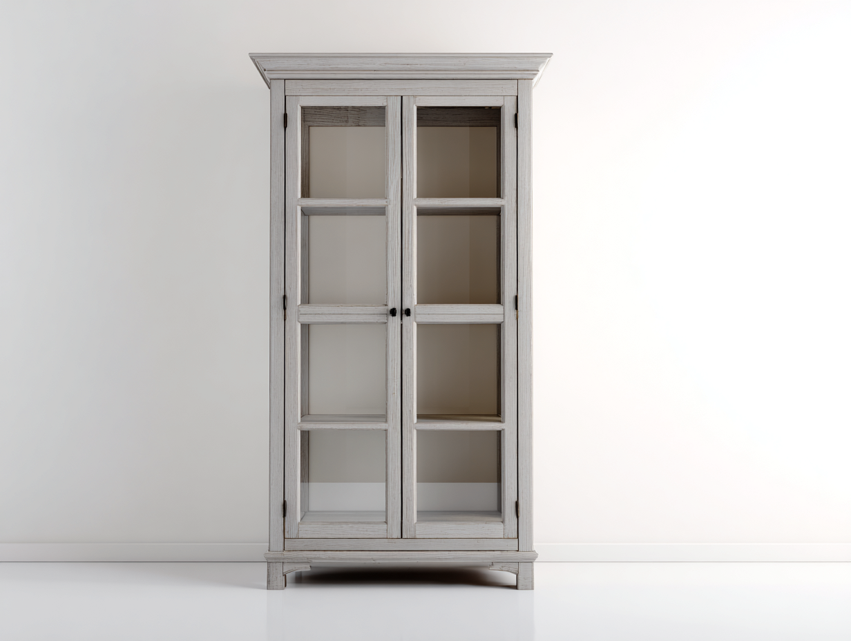 Bücherregal-Holz-Glas-100 x 42 x 210 cm-Hellgrau-Vintage Landhausstil-Casagetio