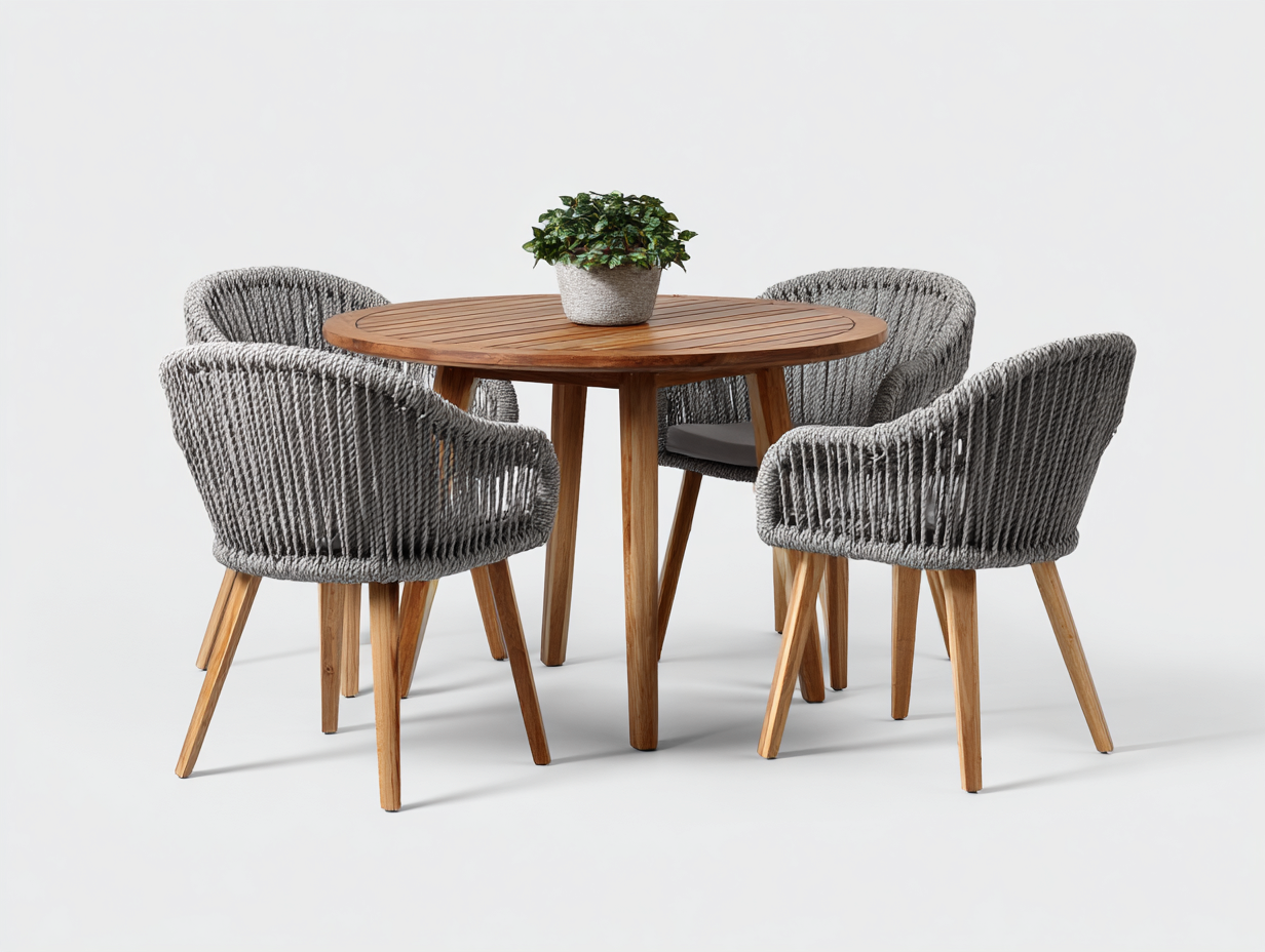 Garten Essgarnituren-Holz-Seilgeflecht-Stoff-122 x 122 x 75 cm-Natur-Grau-Moderner Stil-Casagetio