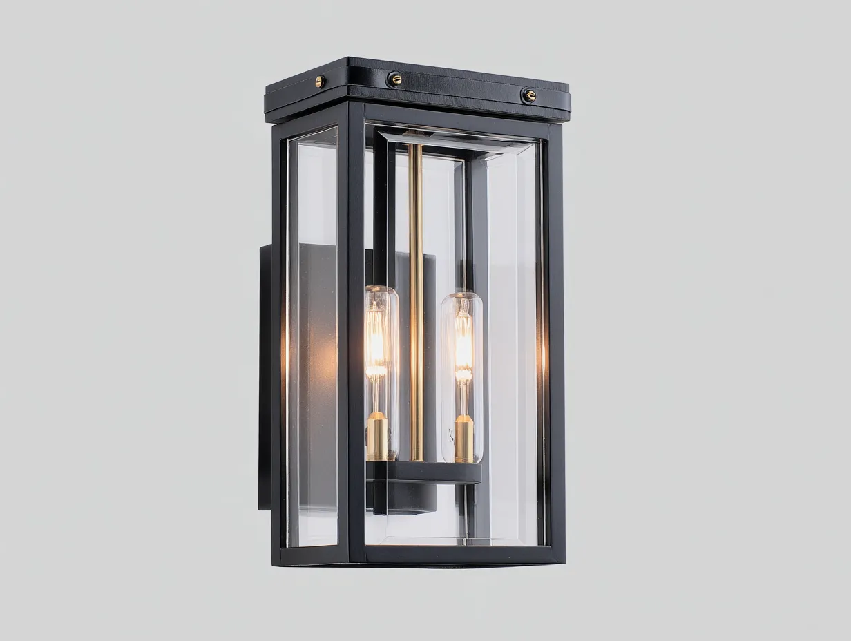 Aplique de pared 22x16x38 cm - negro y dorado - metal y vidrio - diseño farol rectangular de 2 luces