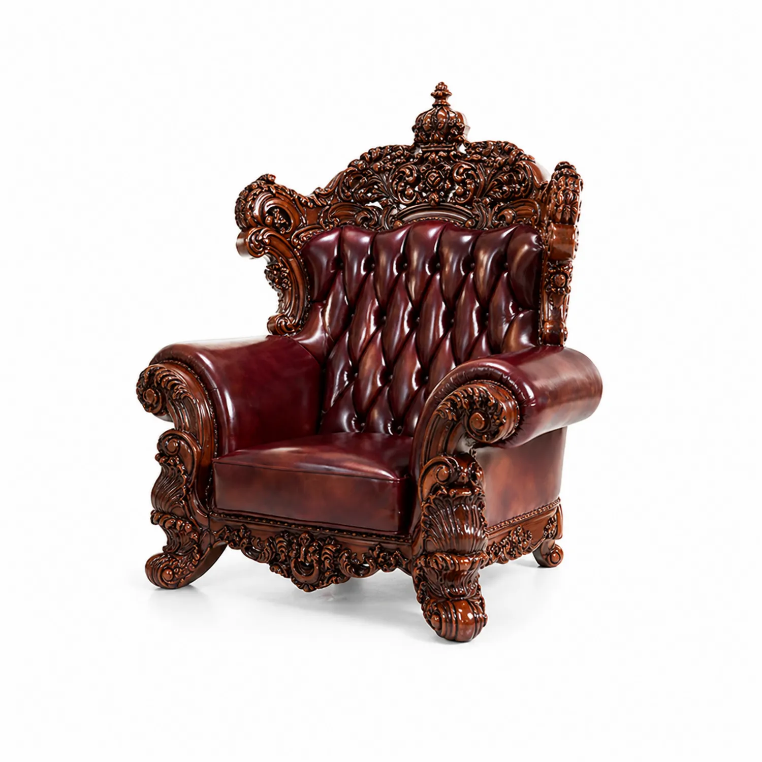 Sillón de madera tallada y cuero marrón rojizo 120cm x 90cm x 130cm-Solveronest