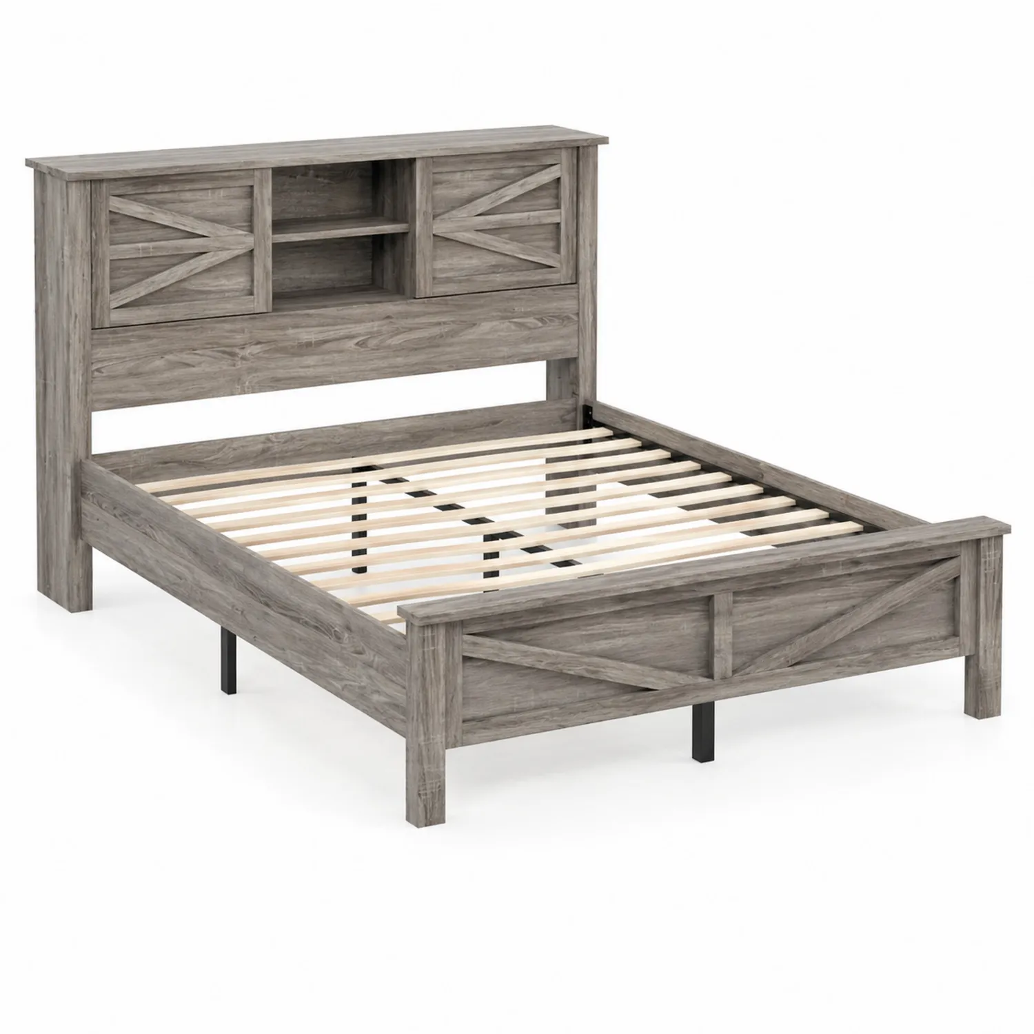 Cama de madera con almacenamiento y cabecero estantería 140x200 cm Gris-Solveronest