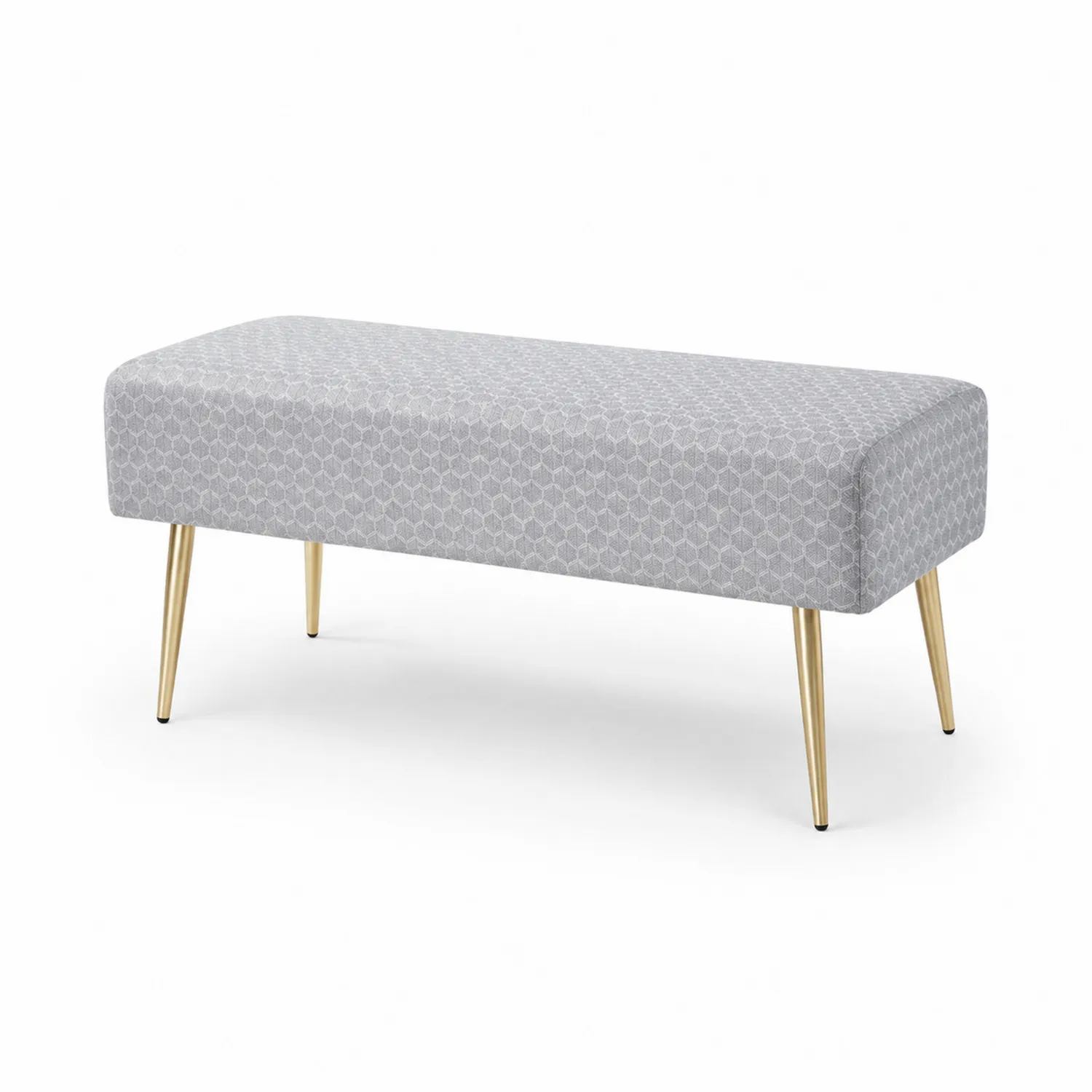 Banco tapizado en tejido gris con patas de metal dorado-Solveronest