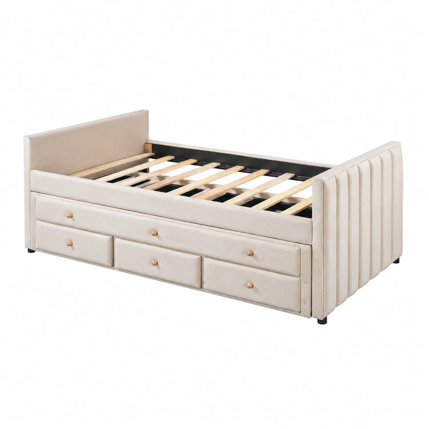 Cama nido de madera y metal con almacenamiento y tela sintética beige-Solveronest