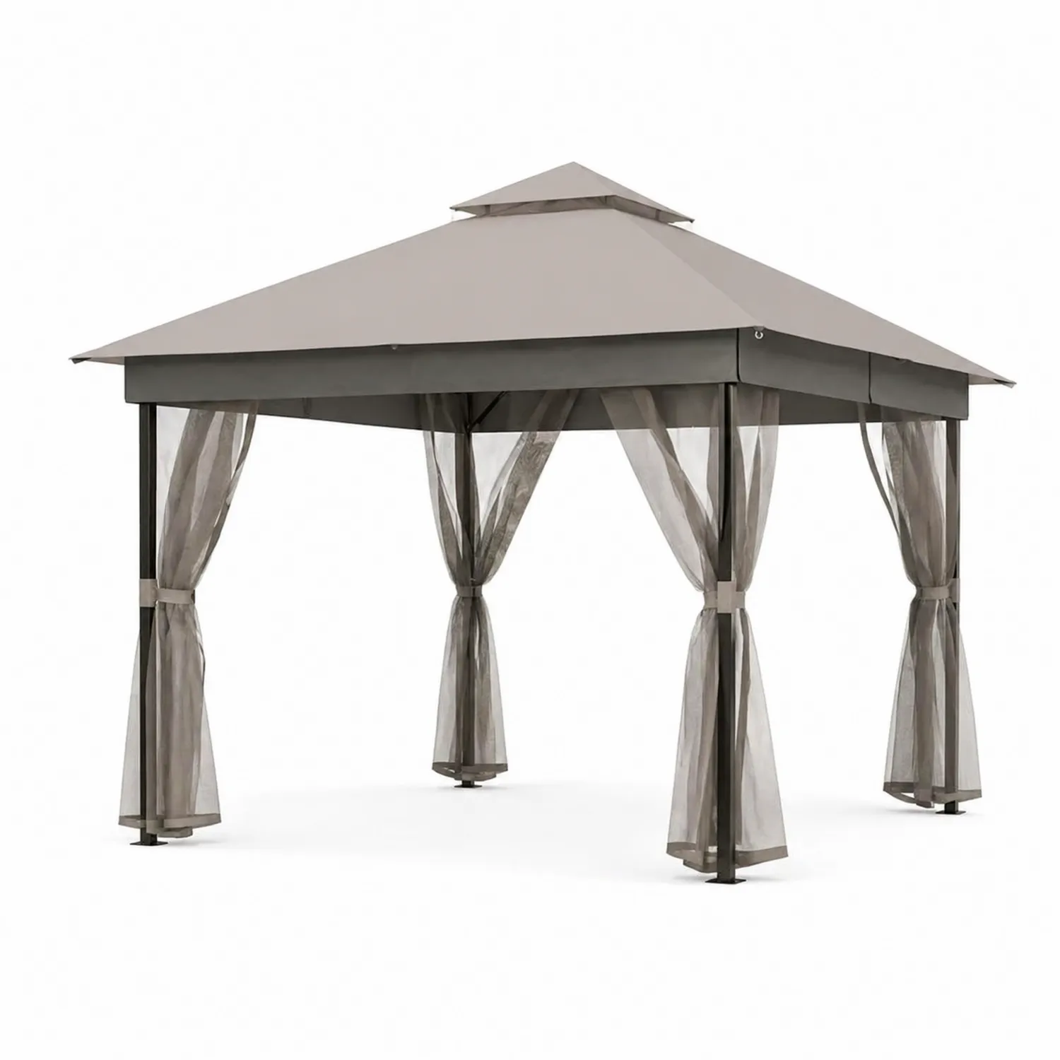 Cenador de acero con techo de poliéster y cortinas de malla Gris-Solveronest