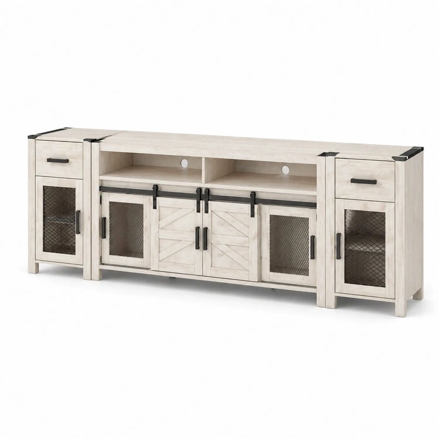 Mueble de TV de Madera con Puertas Correderas y Rejillas Metálicas 244x76x40cm-Solveronest