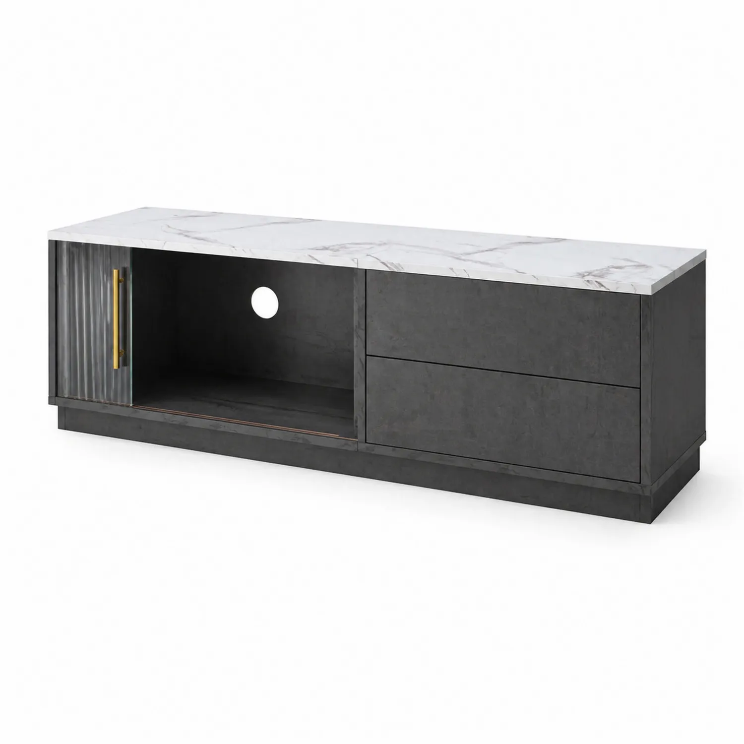 Mueble de TV de madera con superficie de mármol y vidrio templado 150x40x50 cm Negro y Mármol Blanco-Solveronest