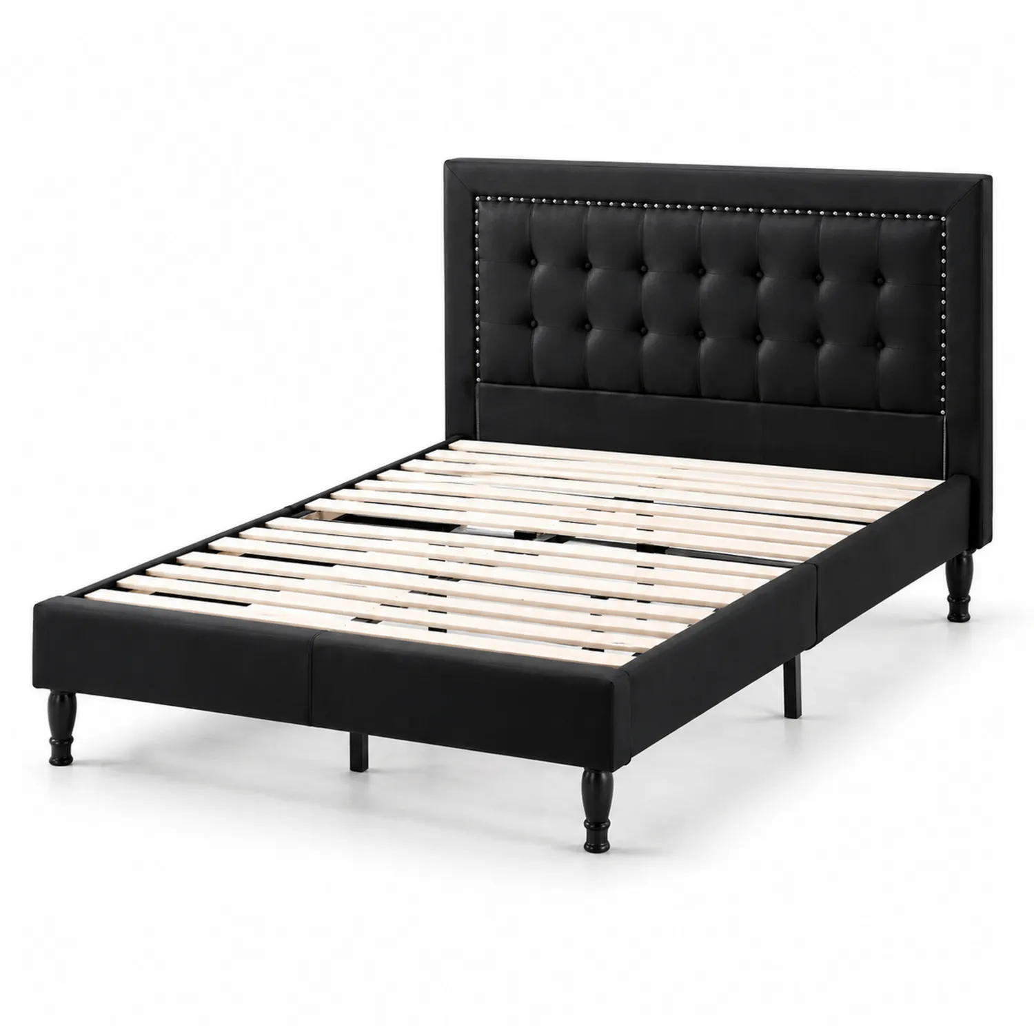 Cama doble de cuero sintético negra con estructura de madera 200x160 cm-Solveronest