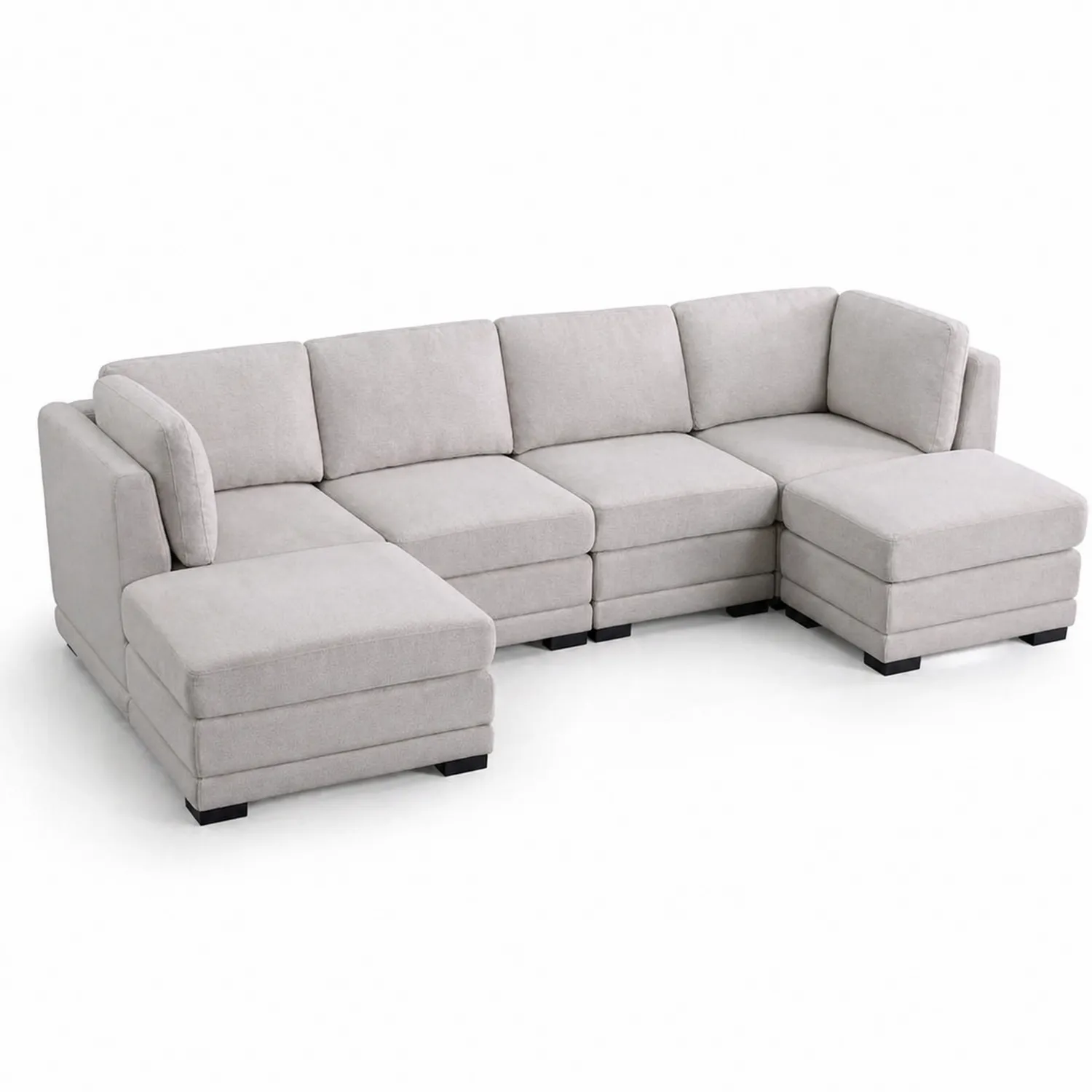 Sofá seccional de tela beige en L con patas de madera-Solveronest