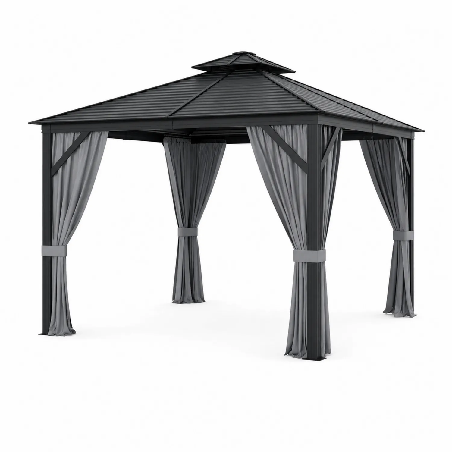 Cenador de Aluminio con Techo de Acero y Cortinas de Poliéster Gris-Solveronest