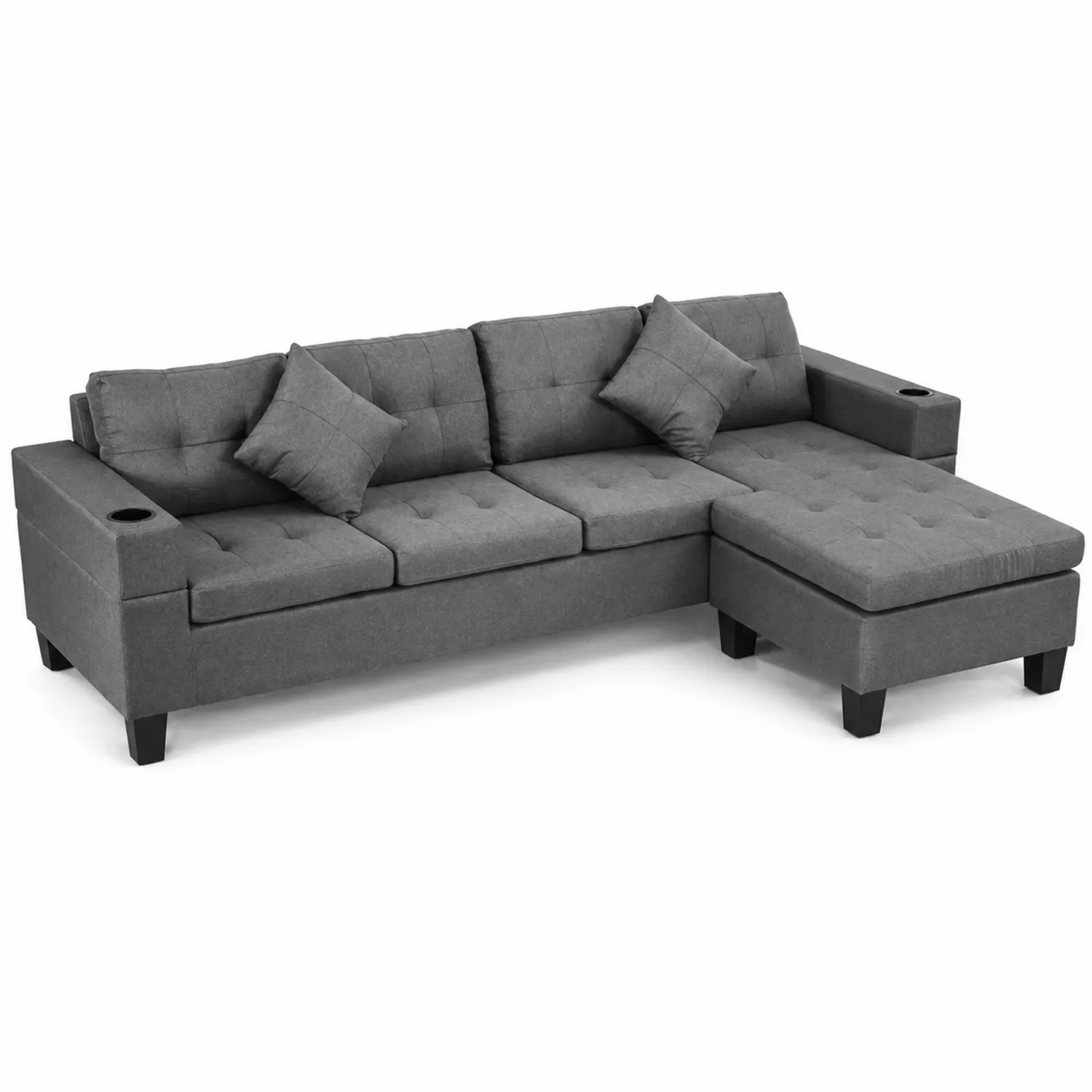 Sofá de esquina de tela gris con chaise longue y cojines-Solveronest