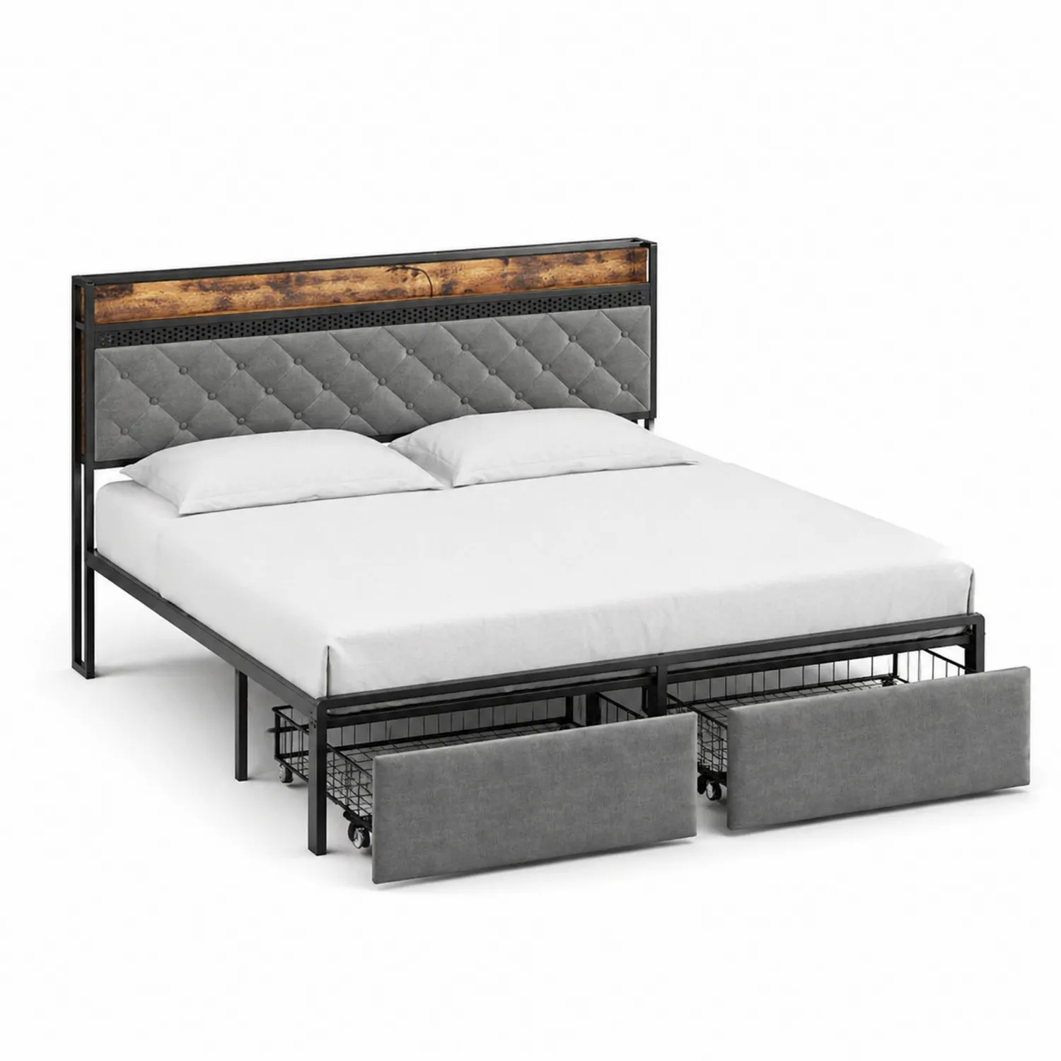 Cama de metal con almacenamiento y cabecera tapizada en gris-Solveronest
