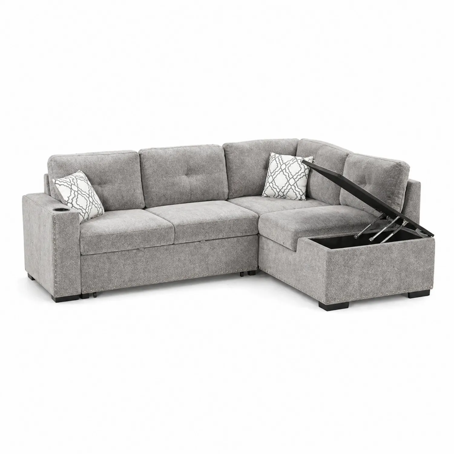 Sofá Esquinero en L con Almacenamiento y Cama Tela Poliéster Gris 250x150x85 cm-Solveronest