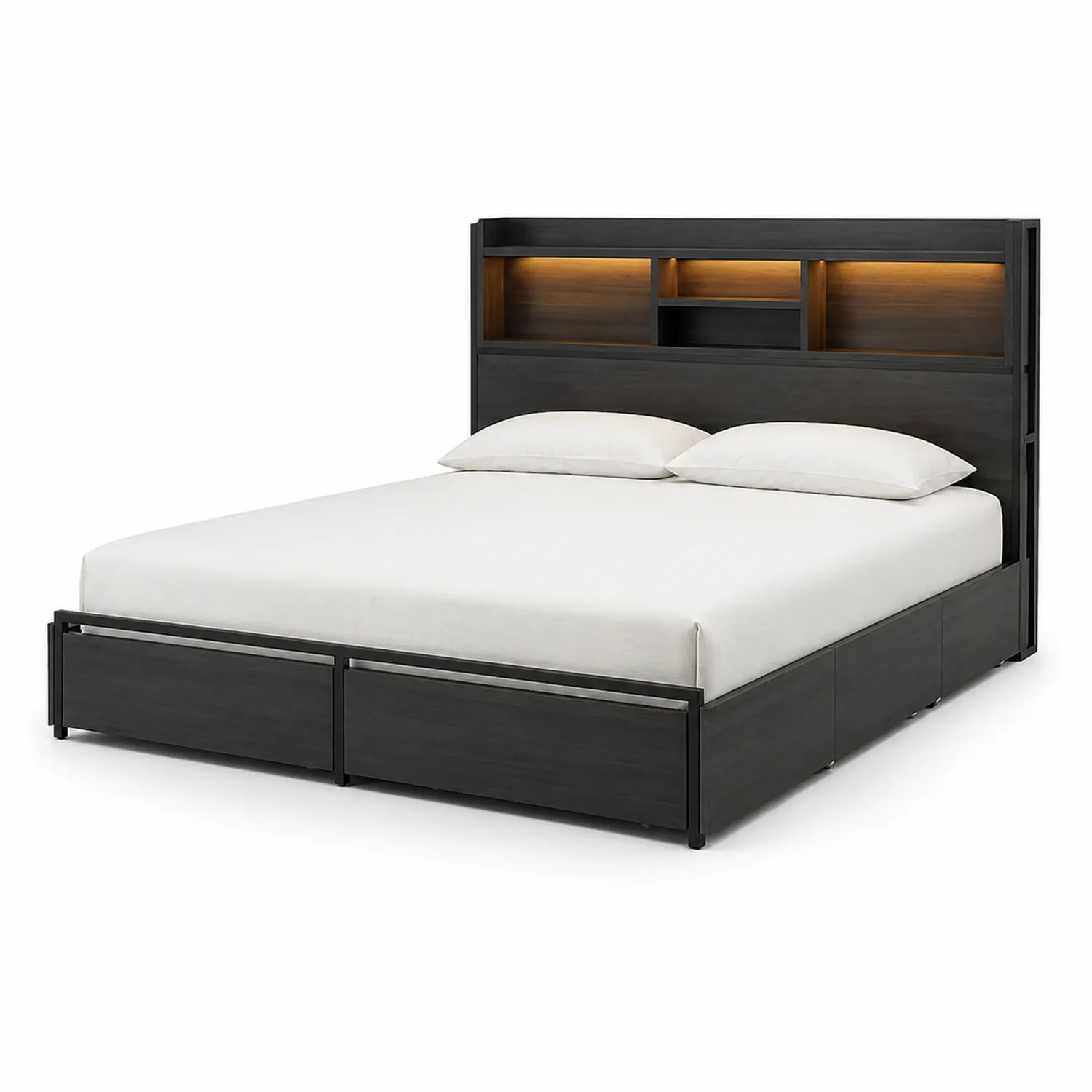 Cama doble de madera negra con cabecero de almacenamiento y luces LED 200x160 cm-Solveronest