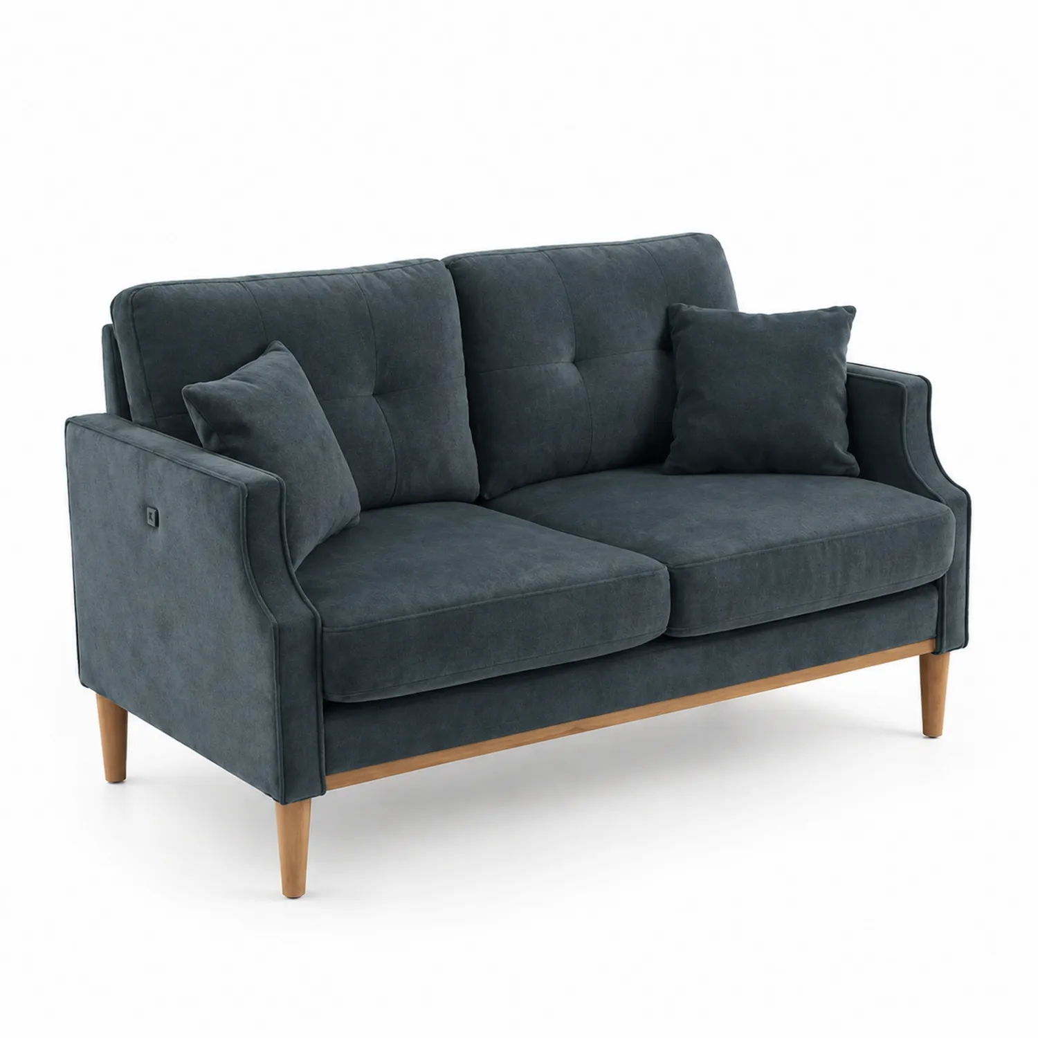 Sofá de dos plazas de tela azul oscuro con patas de madera-Solveronest