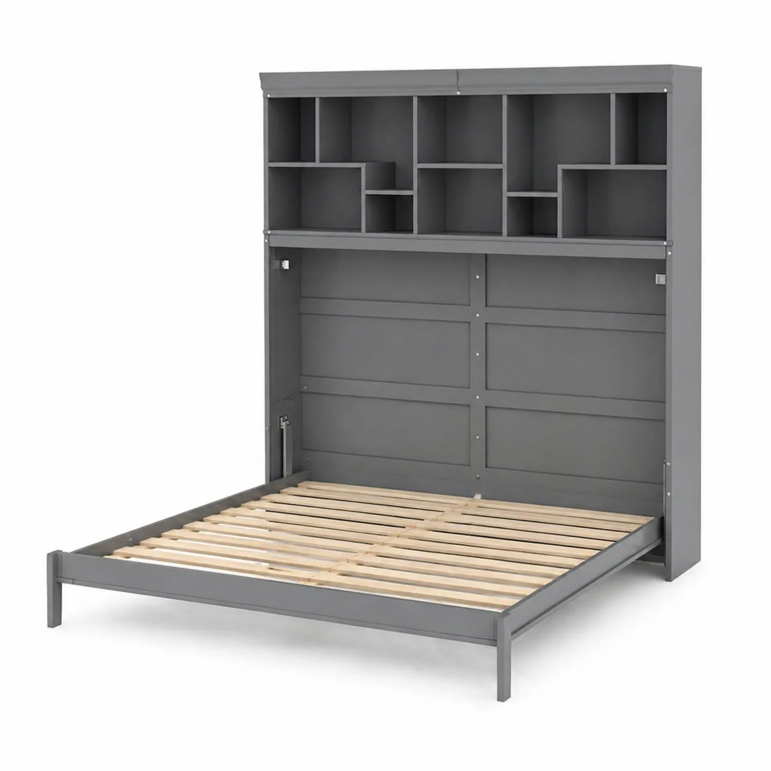 Cama abatible de metal y madera con estantería gris-Solveronest