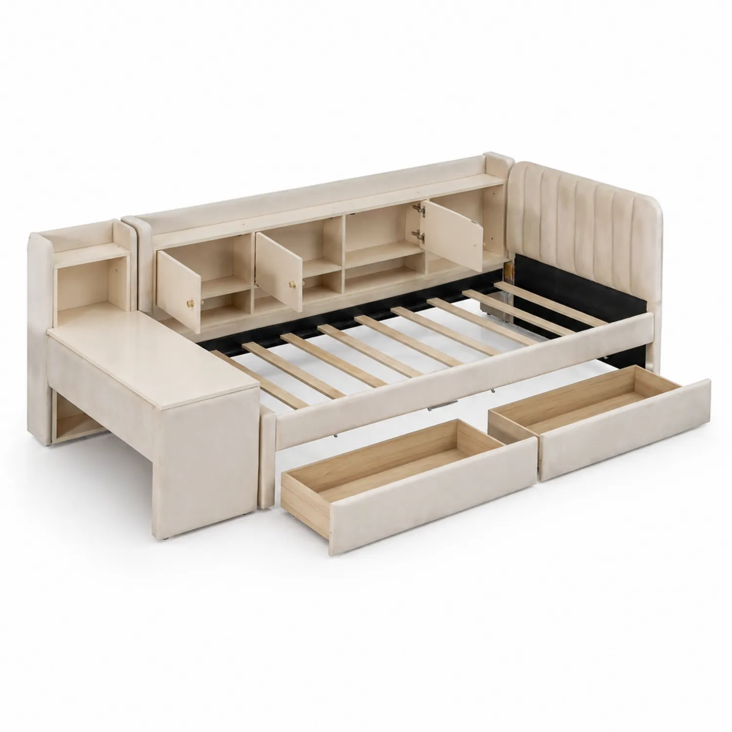 Cama de día multifuncional con almacenamiento y escritorio - Madera y Terciopelo Beige-Solveronest