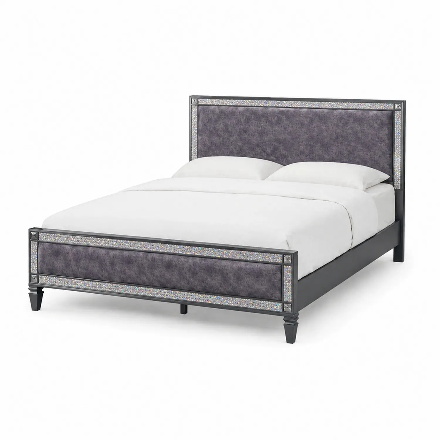 Cama de matrimonio tapizada con estructura de metal y detalles de espejo 200x160 cm Gris-Solveronest