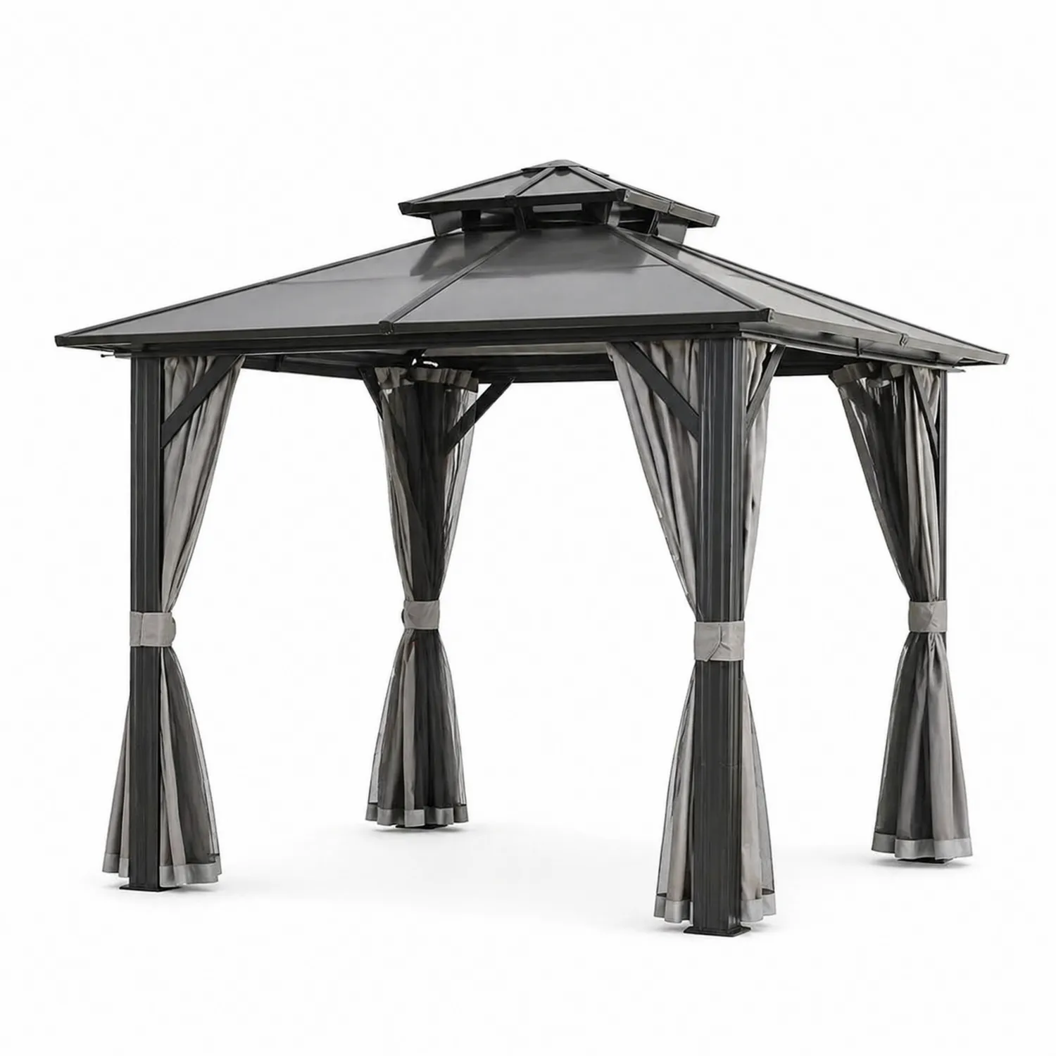 Pérgola de Aluminio y Techo de Policarbonato con Cortinas Grises-Solveronest