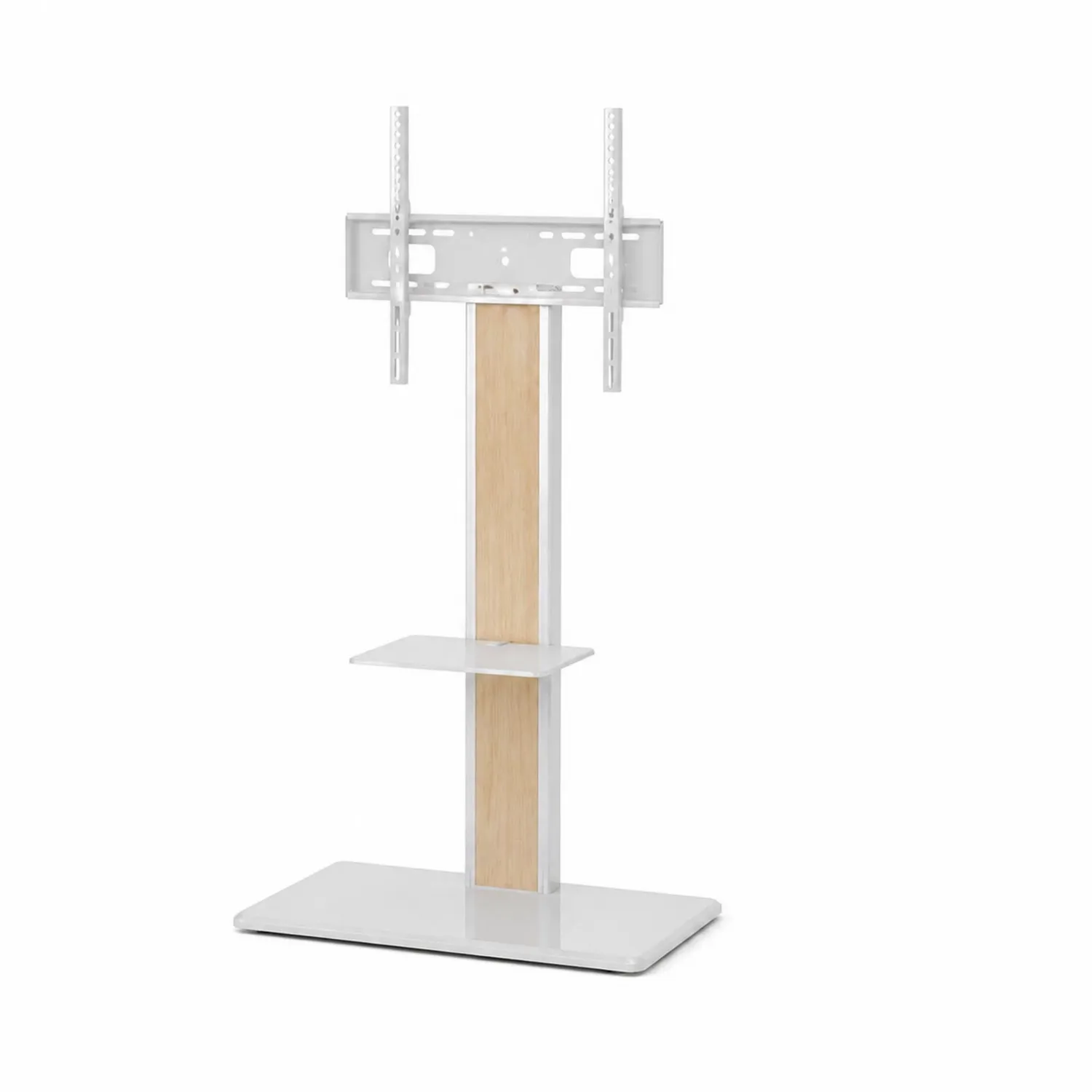 Soporte de TV de Metal y MDF con Estante Blanco y Color Madera para Pantallas de hasta 55 pulgadas-Solveronest