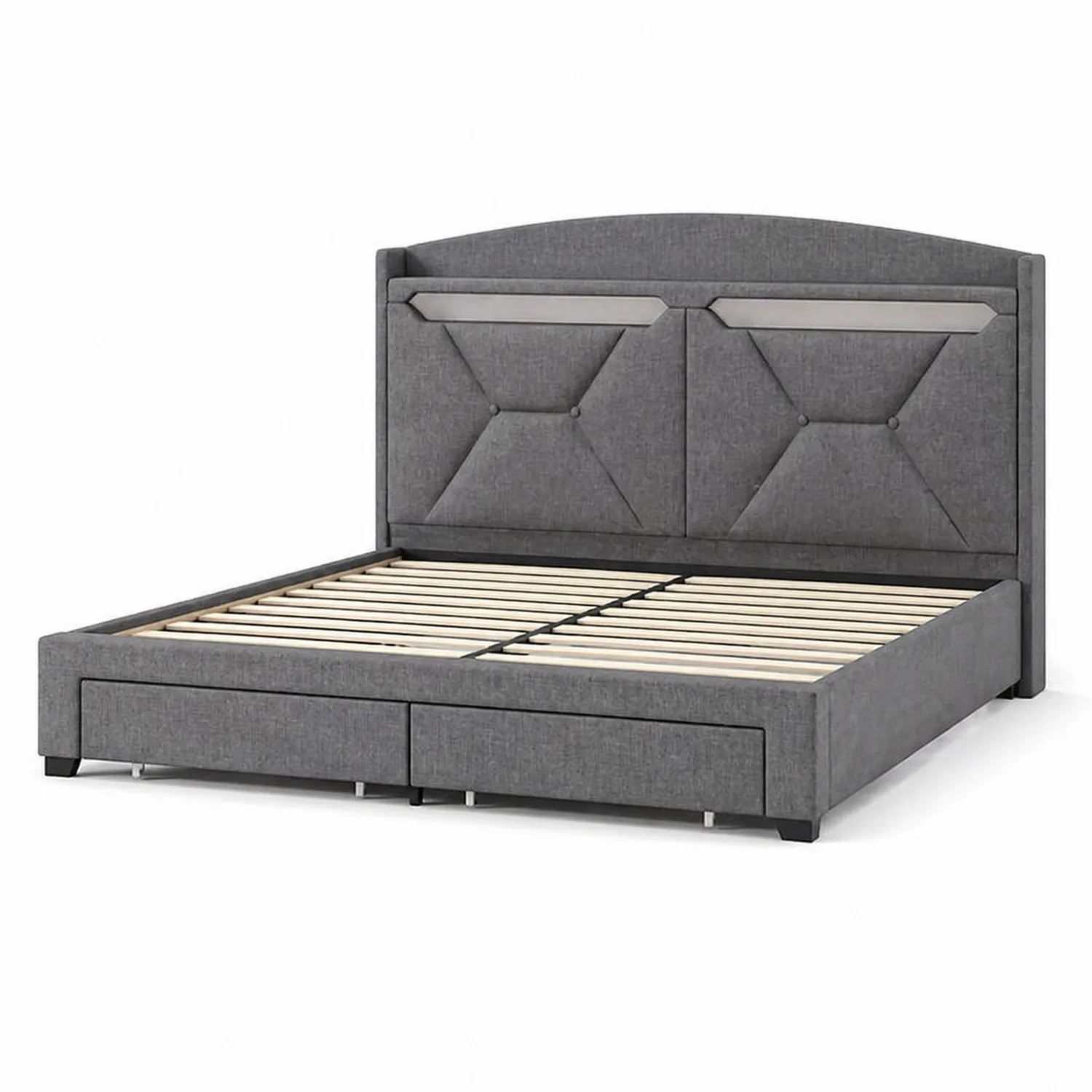 Cama tapizada de tela gris con almacenamiento y cabecero alto 210x160 cm-Solveronest