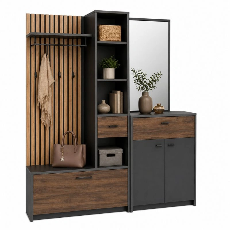 Garderoben Set mit Sitzbank Spiegel und Regal Industrial Holzoptik Braun Schwarz-cartvoro 