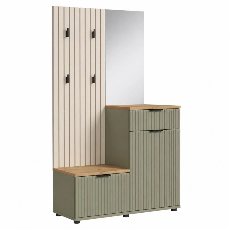 Moderne Garderobe mit Sitzbank Spiegel und Stauraum in Beige Gruen Holzoptik-cartvoro 