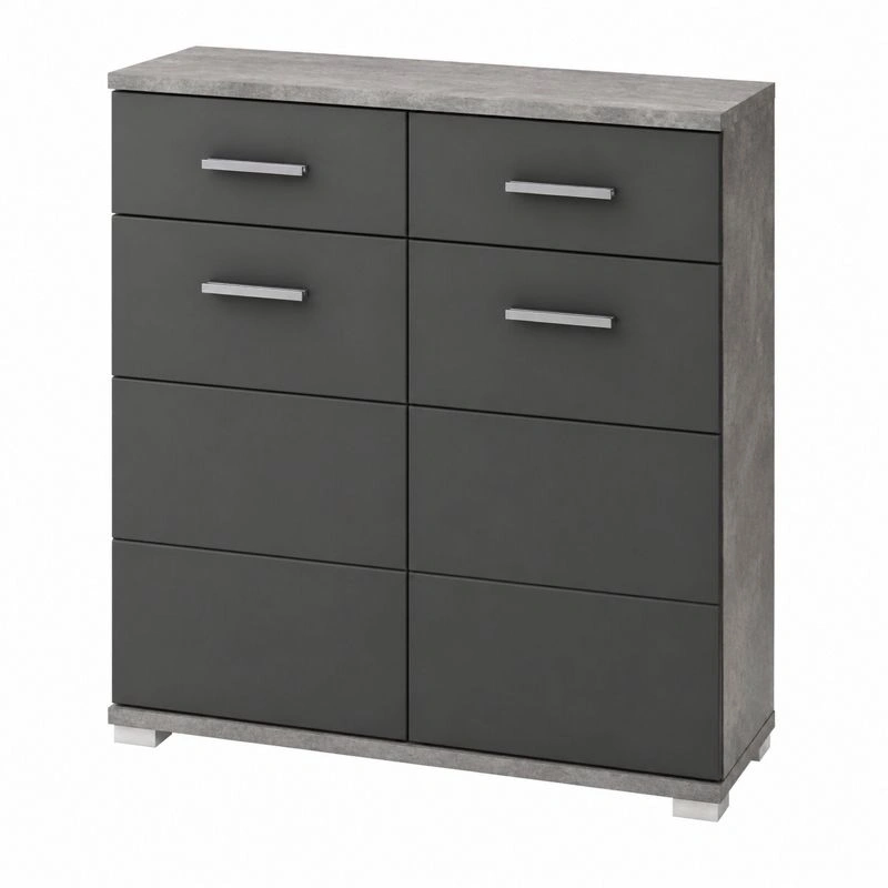 Schuhkommode modern mit 4 Tueren und 2 Schubladen Beton Optik dunkel 90x88x34 cm-cartvoro 