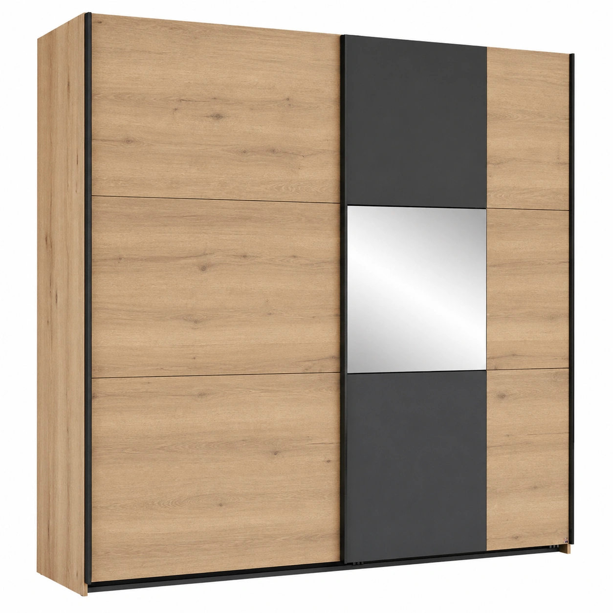 Schwebetürenschrank modern Eiche Natur Optik mit Spiegel & Anthrazit Akzenten 218x210x59 cm-cartvoro 